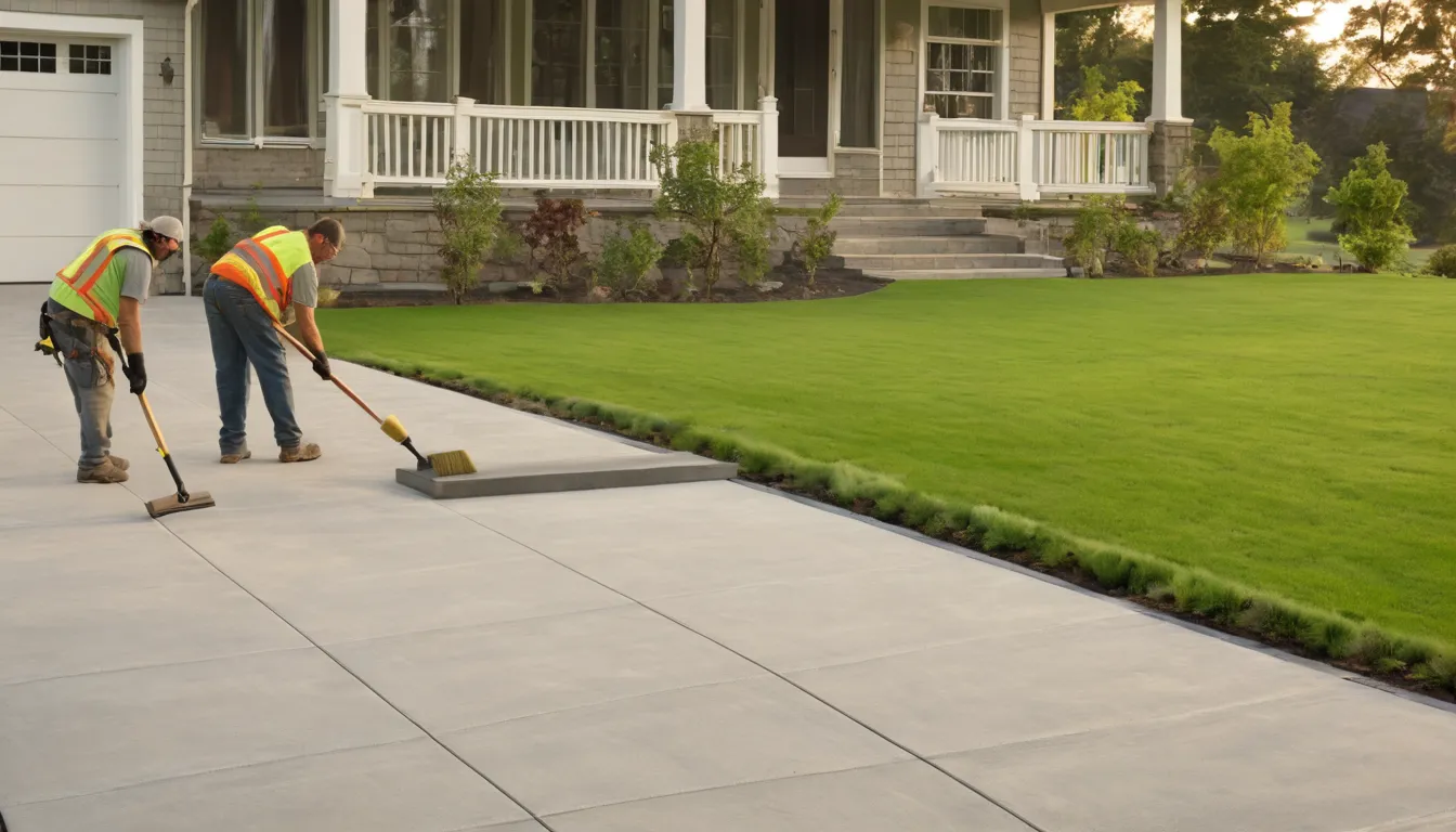A freshly poured concrete driveway beside a Edwardsville home on a clear morning