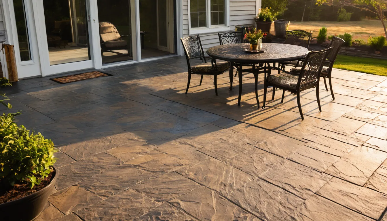 A stamped concrete patio behind a ranch-style home in Edwardsville