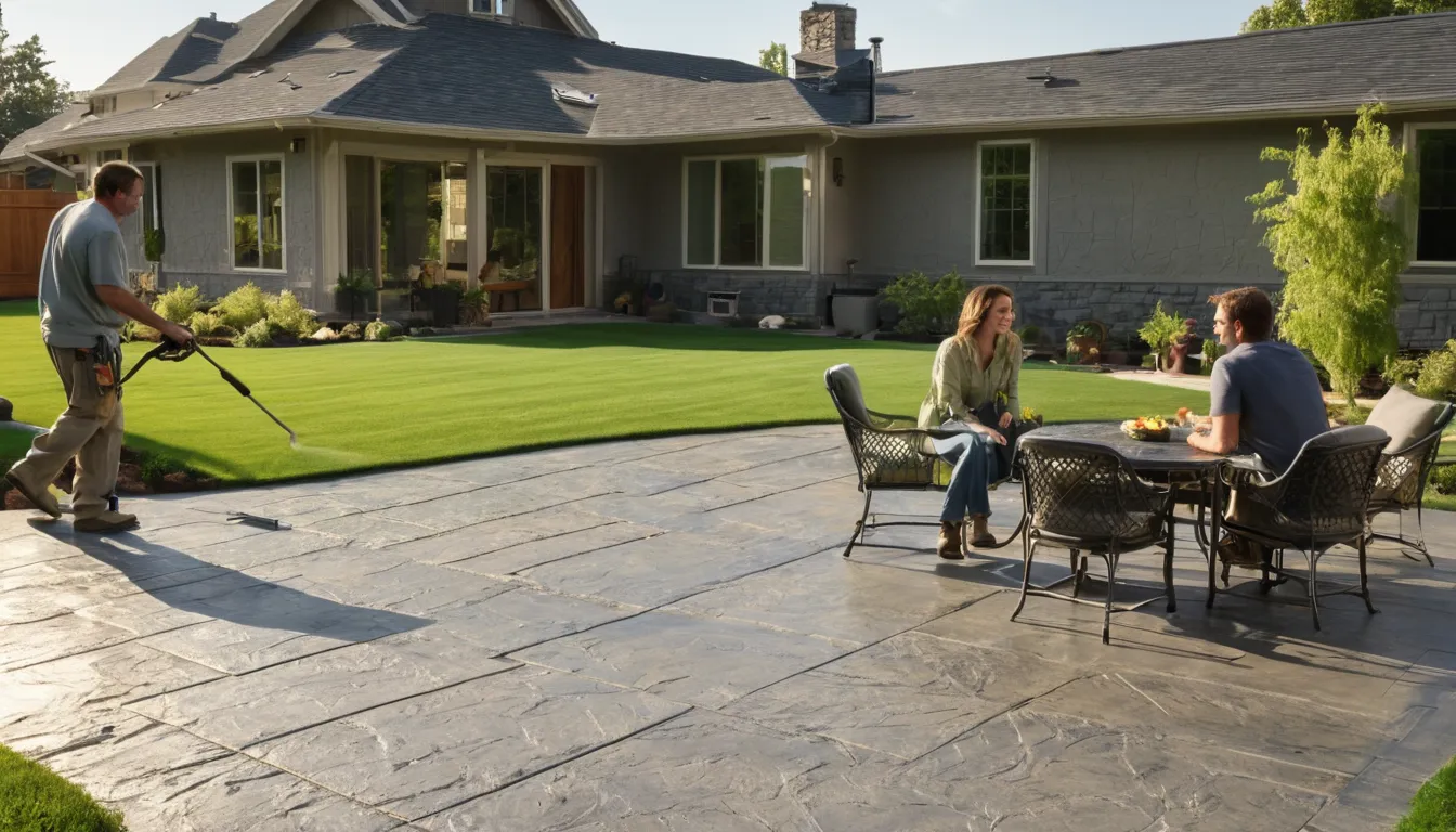 Stamped concrete patio with slate pattern behind a home in Edwardsville